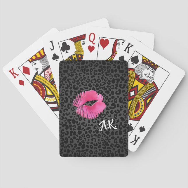 Hot Pink Lipgloss Kiss Black Leopard With Monogram Playing Cards (Back)