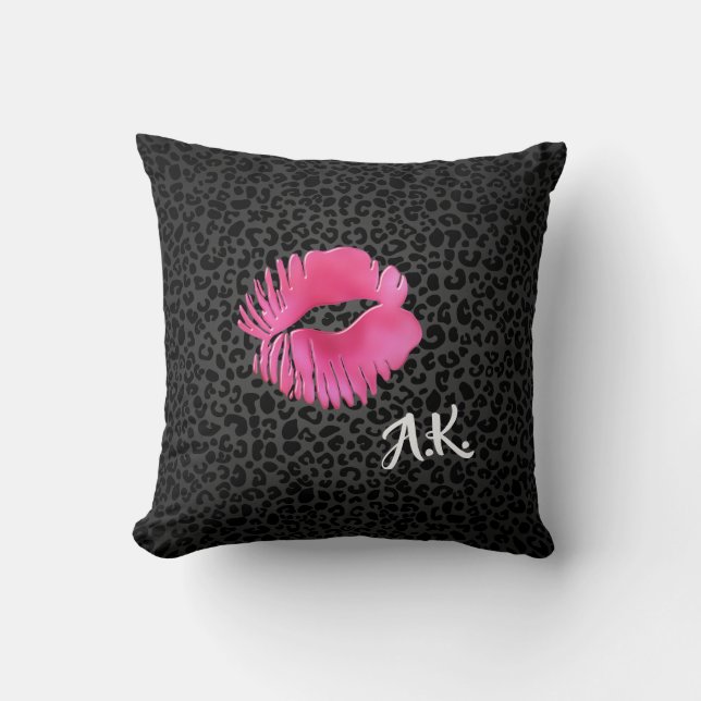 Hot Pink Lipgloss Kiss Black Leopard With Monogram Throw Pillow (Front)