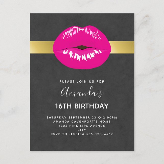 Hot Pink Lips Glamourous Birthday Invitation Postcard (Front)