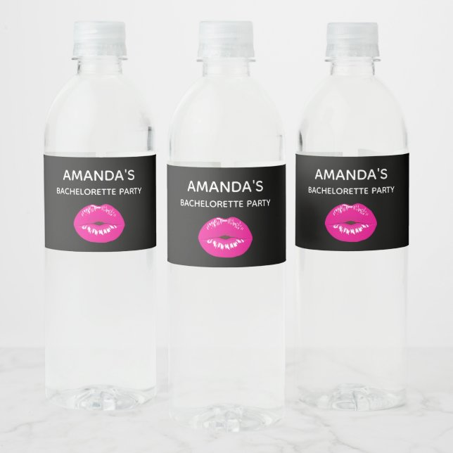  Hot Pink Lips Glamourous Illustration Bachelorett Water Bottle Label (Bottles)