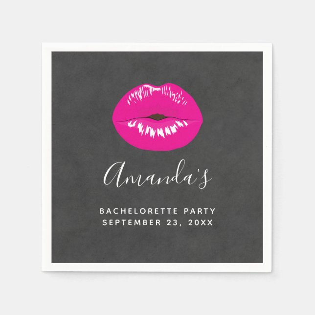 Hot Pink Lips Glamourous Illustration Bachelorette Napkin (Front)