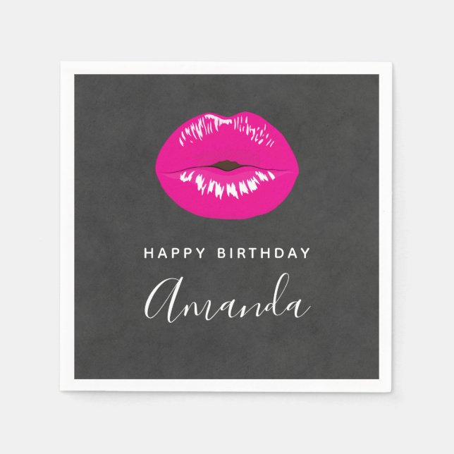 Hot Pink Lips Glamourous Illustration Birthday Napkin (Front)
