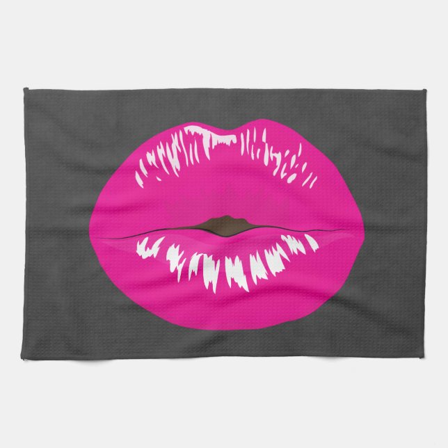 Hot Pink Lips Glamourous Illustration Kitchen Towel (Horizontal)