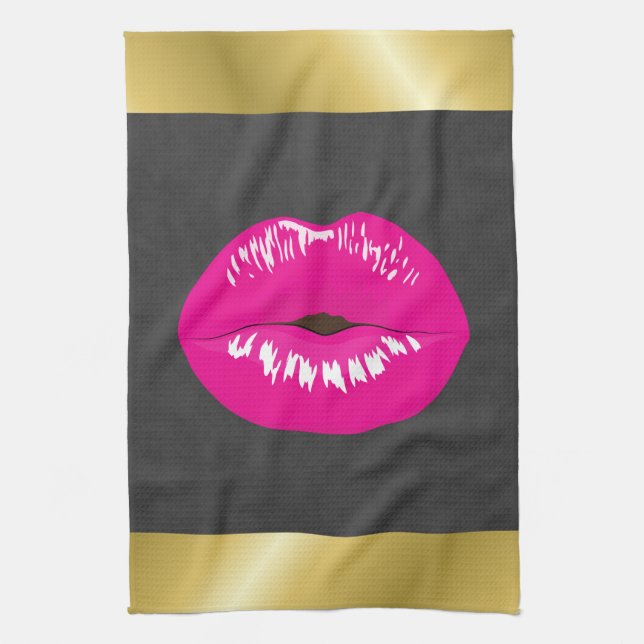 Hot Pink Lips Glamourous Illustration Kitchen Towel (Vertical)