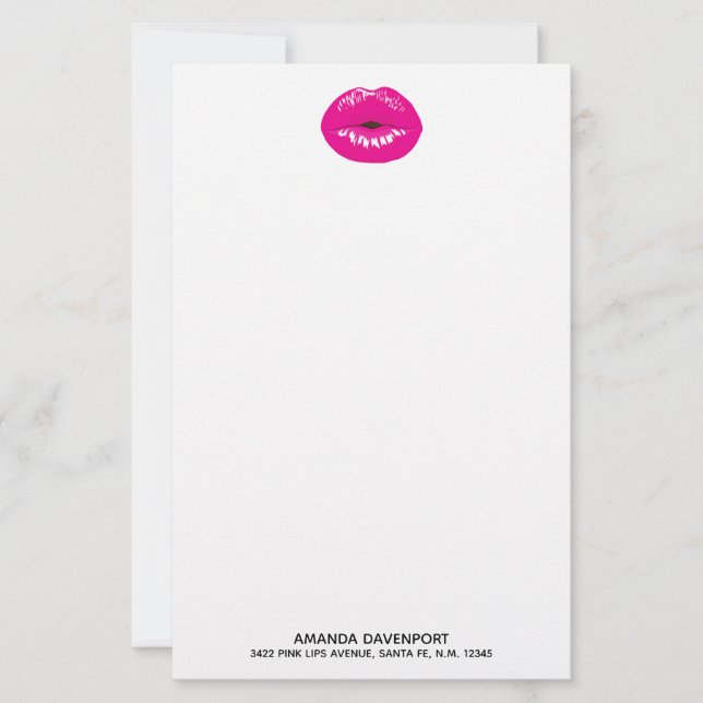 Hot Pink Lips Glamourous Illustration Stationery (Front)