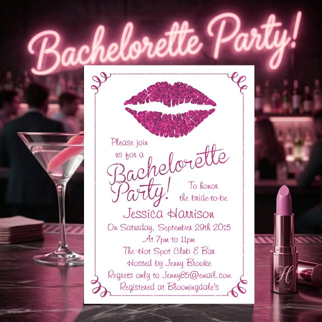 Hot Pink Lips Glitter Effect Bachelorette Party Invitation (Creator Uploaded)