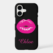 Hot Pink Lips Kiss Name Monogram Black iPhone Case