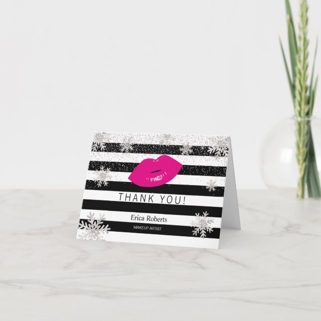 Hot Pink Lips Snowflakes Modern Stripes Thank You (Front)