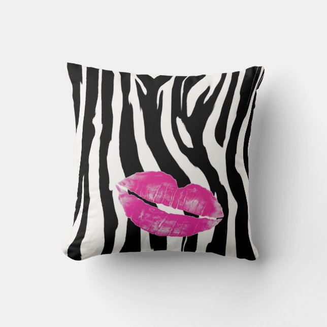 Hot Pink Lips Zebra Print Throw Pillow (Front)
