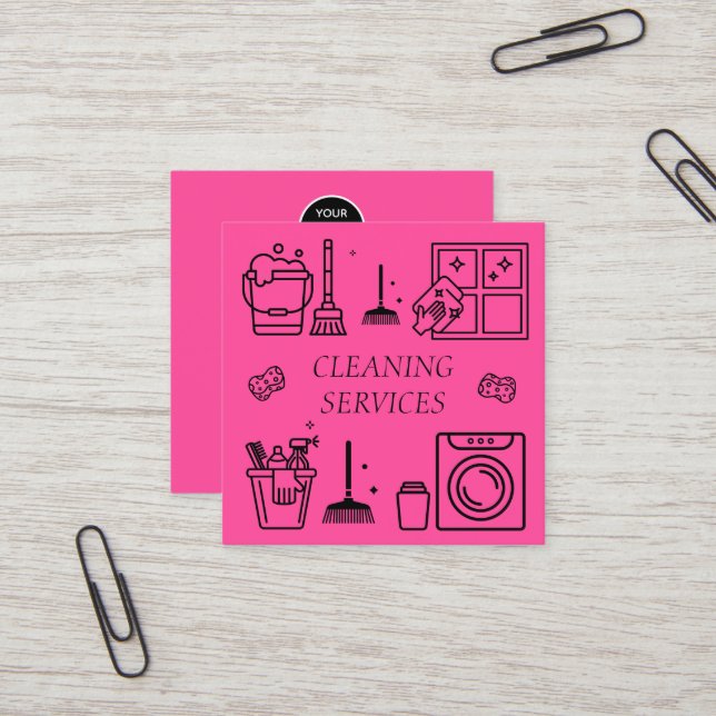Hot Pink Logo Cleaning Services Commercial Square Business Card (Front/Back In Situ)