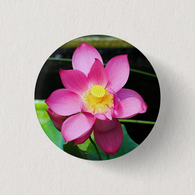 Hot Pink Lotus Flower 1 Inch Round Button (Front)