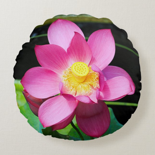 Hot Pink Lotus Flower Round Pillow (Front)