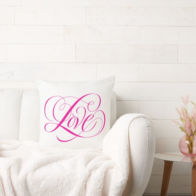 Hot Pink LOVE Calligraphy Lettering Valentine Throw Pillow (Couch)