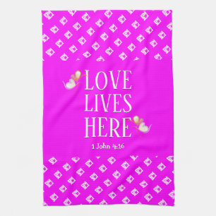 Hot Pink   LOVE LIVES HERE   Stylish Customizable Kitchen Towel