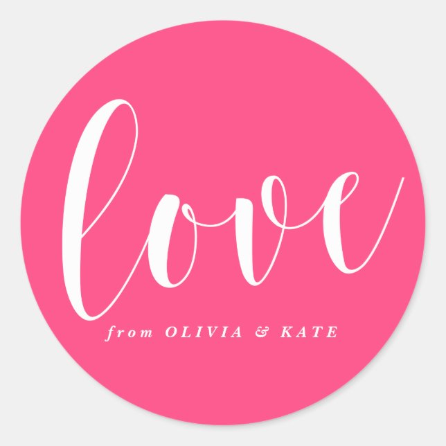 Hot Pink Love Modern Calligraphy Personalized Classic Round Sticker (Front)
