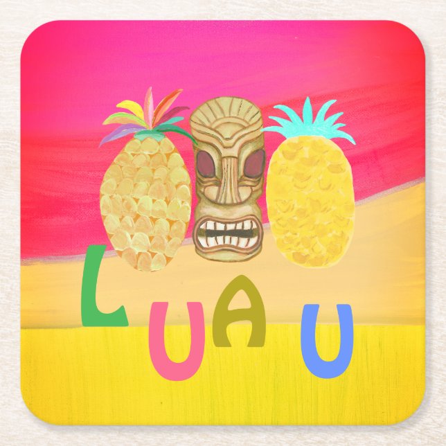 Hot Pink Luau Square Paper Coaster (Front)
