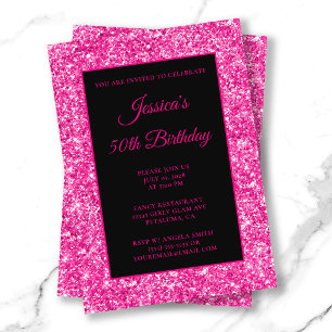 Hot Pink Luxury Glitter Black 50th Birthday Invitation