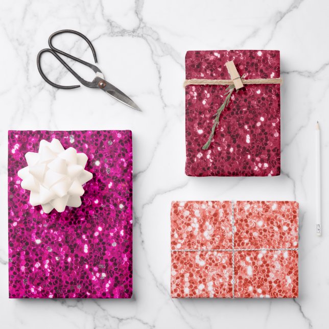 Hot pink magenta and coral sparkles faux glitter wrapping paper sheet (Front)
