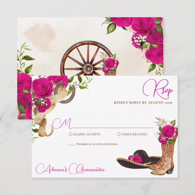 Hot Pink Magenta Charro Western Quinceanera RSVP Card (Front/Back)
