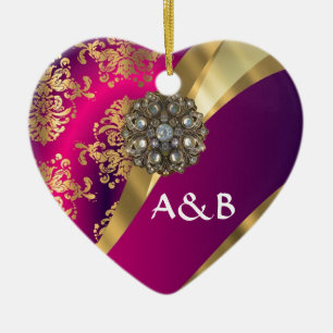 Hot pink Magenta & gold damask Ceramic Ornament