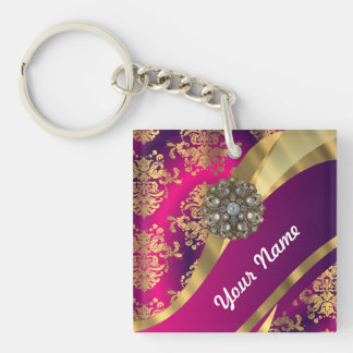 Hot pink Magenta & gold damask Keychain