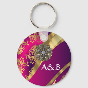 Hot pink Magenta & gold damask Keychain