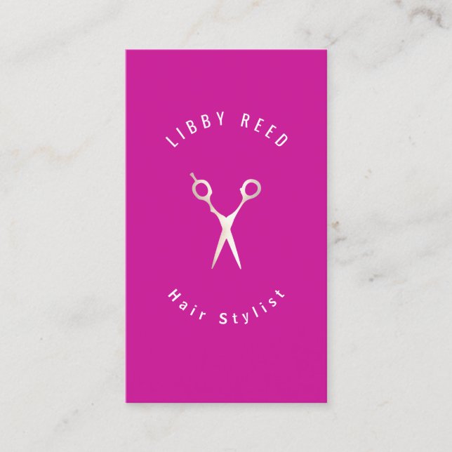 Hot Pink Magenta Modern Hairstylist Gold Scissors Business Card (Front)