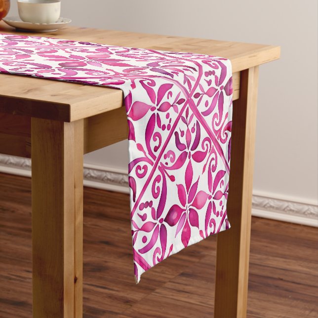 Hot pink magenta Spanish Talavera tiles pattern Short Table Runner (In Situ)