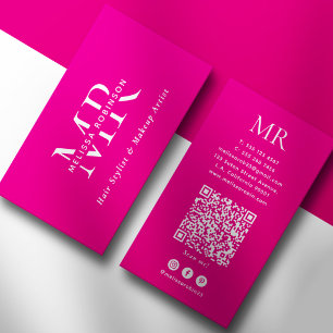 Hot Pink Makeup Artist White Monogram & QR Code Business Card