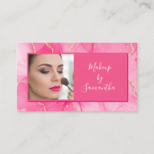 Hot Pink Marble Script Photo Makeup Business Card