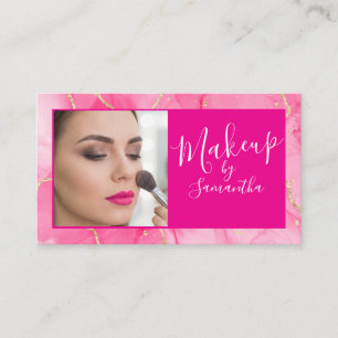 Hot Pink Marble Script Photo Makeup Business Card