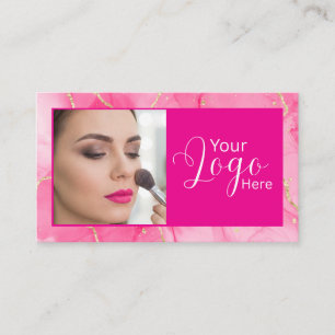 Hot Pink Marble Script Photo Makeup Business Card