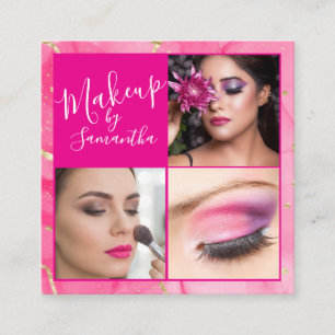 Hot Pink Marble Script Photo Makeup Square Business Card