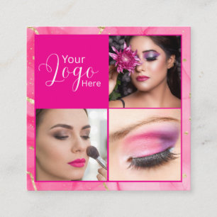 Hot Pink Marble Script Photo Makeup Square Business Card