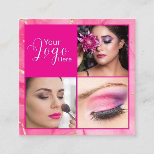 Hot Pink Marble Script Photo Makeup  Square Business Card (Front)
