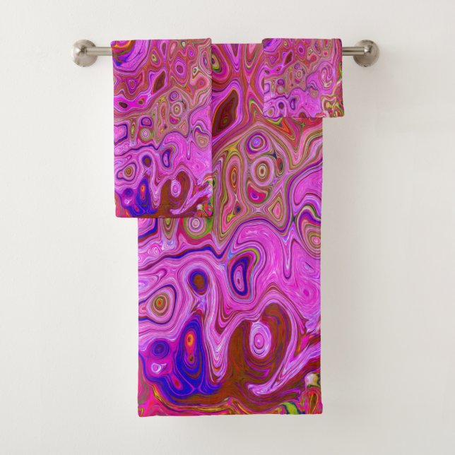 Hot Pink Marbled Colours Abstract Retro Swirl Bath Towel Set (Insitu)