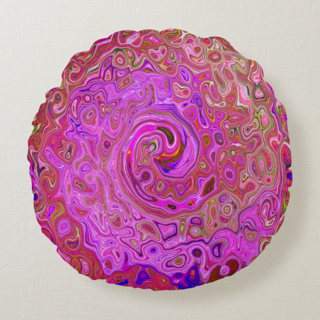 Hot Pink Marbled Colours Abstract Retro Swirl Round Pillow (Front)