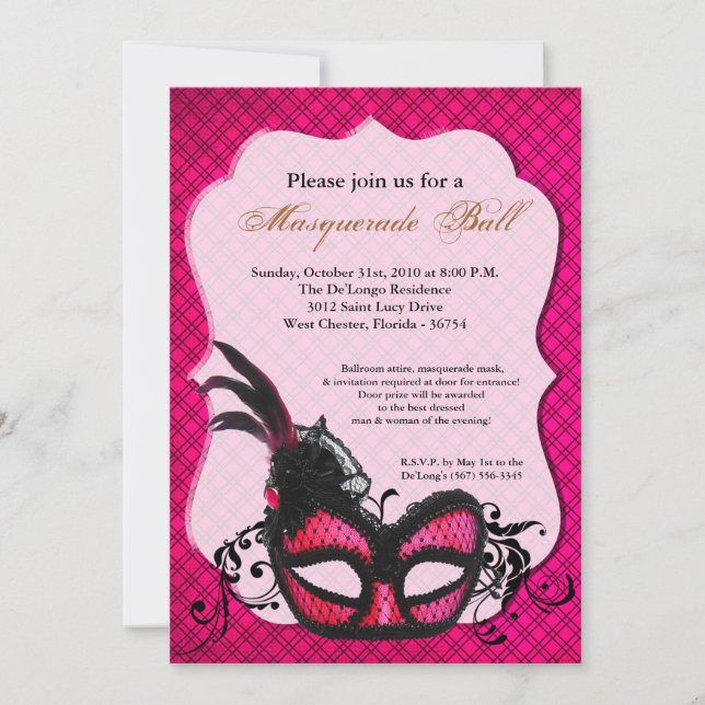 Hot Pink Masquerade Mask Ball Costume Halloween Invitation (Front)