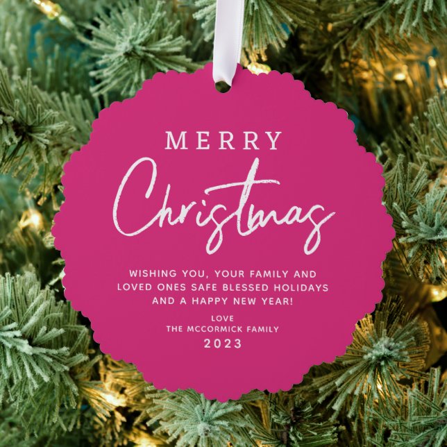 Hot Pink Merry Christmas Script Typography Custom Ornament Card (Insitu (Tree))