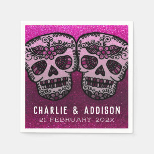 Hot Pink Metallic Glitter Black White Sugar Skull Napkin