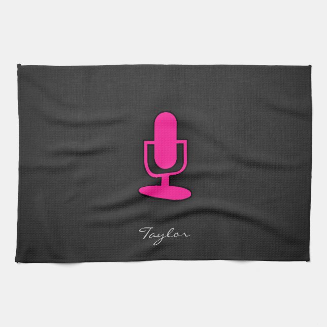Hot Pink Microphone Kitchen Towel (Horizontal)