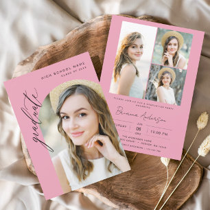 Hot Pink Minimalist Arch Photo Graduation Party Invitation