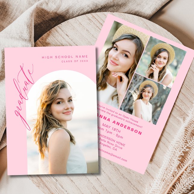 Hot Pink Minimalist Photo Graduation Party Invitation (Creator Uploaded)