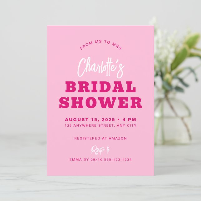 Hot Pink Minimalist Script Modern Bridal Shower Invitation (Standing Front)