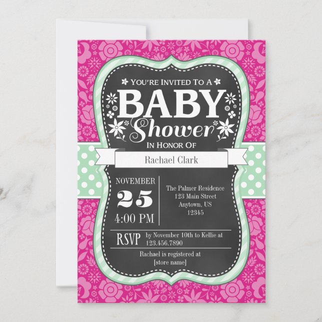 Hot Pink Mint Chalkboard Floral Baby Shower Invite (Front)