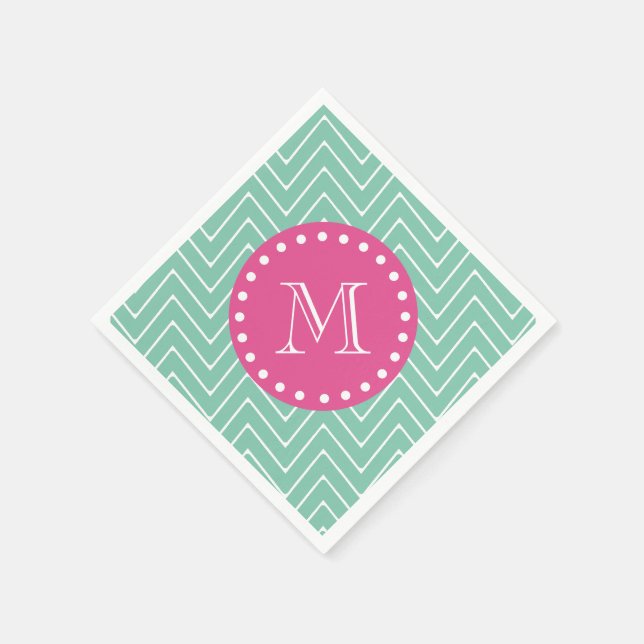 Hot Pink, Mint Green Chevron | Your Monogram Napkin (Corner)