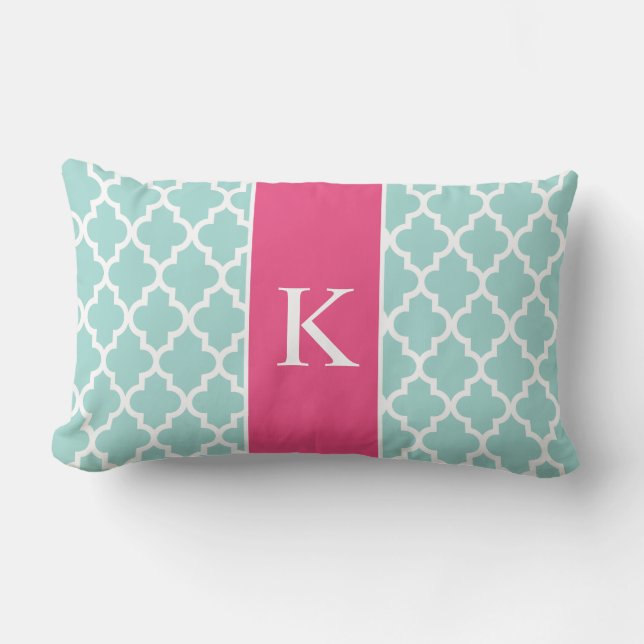 Hot Pink Mint Green Moroccan Custom Monogram Lumbar Pillow (Front)