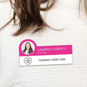Hot Pink Modern Business Logo Photo Employee Name Tag