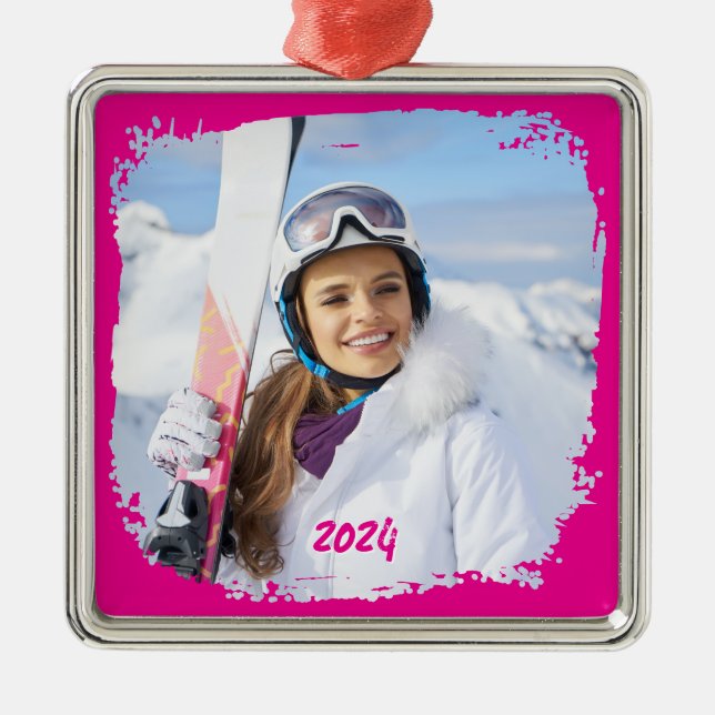 Hot Pink Modern Grunge Border Photo Year Metal Ornament (Front)