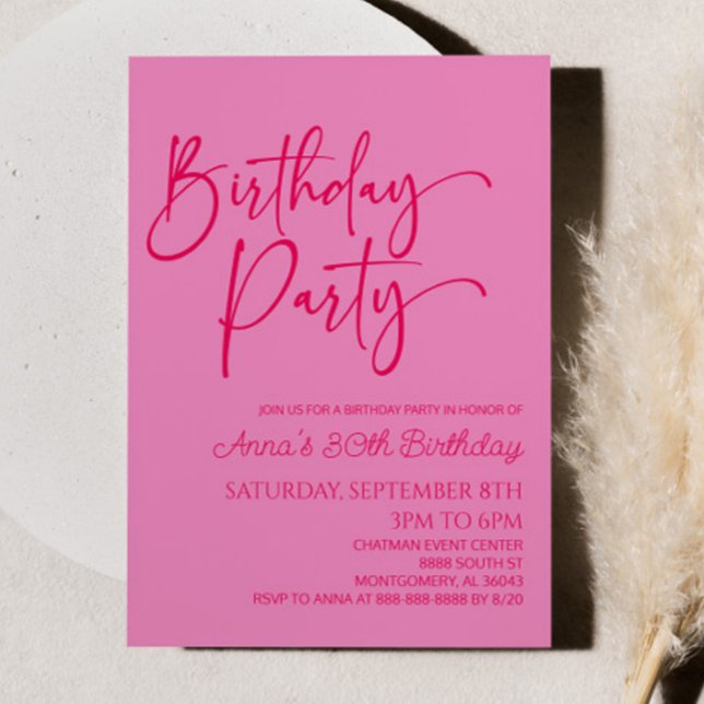 Hot Pink Modern Minimalist Birthday Party Invitation (Creator Uploaded)